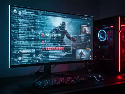 Dunkles, atmosphärisches Gaming-Setup mit Monitor, der Schadcode und Cyber-Sicherheitswarnungen anzeigt. - Foto: über boerse-global.de