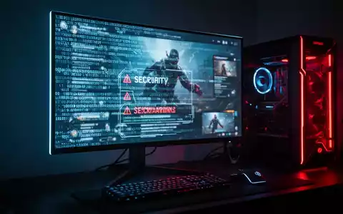 Dunkles, atmosphärisches Gaming-Setup mit Monitor, der Schadcode und Cyber-Sicherheitswarnungen anzeigt. - Foto: über boerse-global.de