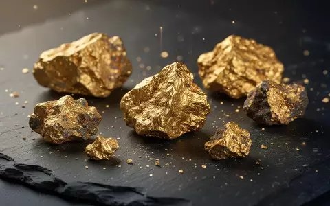 Nahaufnahme von rohen Golderzproben auf einem dunklen Steinhintergrund. - Foto: über boerse-global.de
