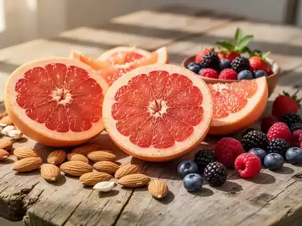 Eine Auswahl gesunder sommerlicher Snacks wie Grapefruit und NĂĽsse auf einem Holztisch bei hellem Tageslicht. - Foto: ĂĽber boerse-global.de