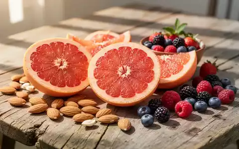 Eine Auswahl gesunder sommerlicher Snacks wie Grapefruit und Nüsse auf einem Holztisch bei hellem Tageslicht. - Foto: über boerse-global.de