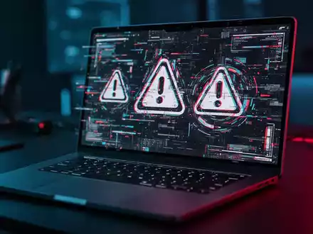 Ein Laptop-Bildschirm zeigt eine fehlerhafte digitale Oberfläche und Warnsymbole, die Cyber-Sicherheitsbedrohungen darstellen. - Foto: über boerse-global.de