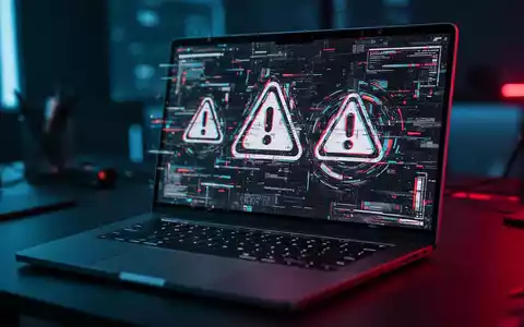 Ein Laptop-Bildschirm zeigt eine fehlerhafte digitale Oberfläche und Warnsymbole, die Cyber-Sicherheitsbedrohungen darstellen. - Foto: über boerse-global.de