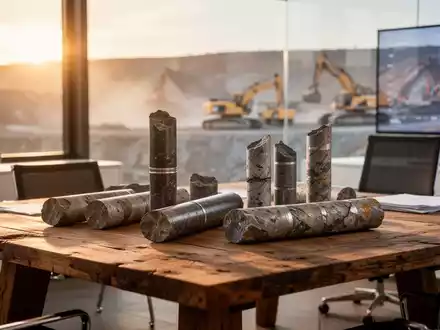 Geologische Bohrkernproben auf einem Holztisch in einem modernen Büro vor einer verschwommenen Bergbaulandschaft. - Foto: über boerse-global.de