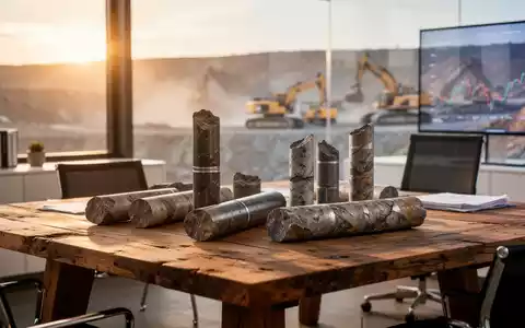 Geologische Bohrkernproben auf einem Holztisch in einem modernen Büro vor einer verschwommenen Bergbaulandschaft. - Foto: über boerse-global.de