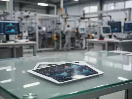 Ein moderner, unscharfer Industriearbeitsplatz mit einem leeren Schreibtisch und einem Tablet, das Wirtschaftsdaten anzeigt. - Foto: über boerse-global.de