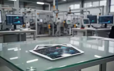 Ein moderner, unscharfer Industriearbeitsplatz mit einem leeren Schreibtisch und einem Tablet, das Wirtschaftsdaten anzeigt. - Foto: über boerse-global.de