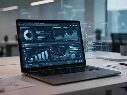 Ein moderner, minimalistischer Arbeitsplatz mit einem Laptop, der komplexe Datenanalysen und Dokumentenstrukturen anzeigt. - Foto: über boerse-global.de