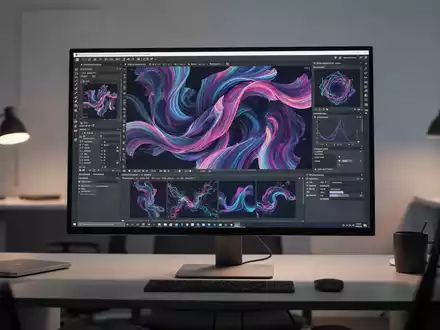 Ein moderner Arbeitsplatz mit einem Monitor, der digitale Kunst und kreative Softwareoberflächen zeigt. - Foto: über boerse-global.de