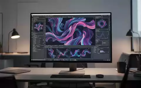 Ein moderner Arbeitsplatz mit einem Monitor, der digitale Kunst und kreative Softwareoberflächen zeigt. - Foto: über boerse-global.de