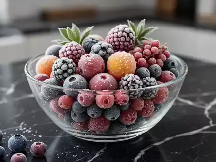 Nahaufnahme von tiefgekühlten Waldbeeren in einer Glasschale auf einer dunklen Arbeitsplatte. - Foto: über boerse-global.de