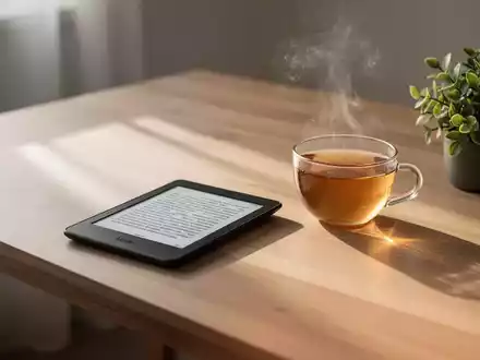 Ein minimalistischer Schreibtisch mit einem E-Reader, einer Tasse Tee und einer Pflanze im sanften Morgenlicht. - Foto: über boerse-global.de