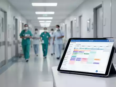 Digitales Tablet in einem modernen Krankenhausflur als Symbol für digitales Personalmanagement im Gesundheitswesen. - Foto: über boerse-global.de