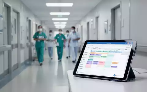 Digitales Tablet in einem modernen Krankenhausflur als Symbol für digitales Personalmanagement im Gesundheitswesen. - Foto: über boerse-global.de