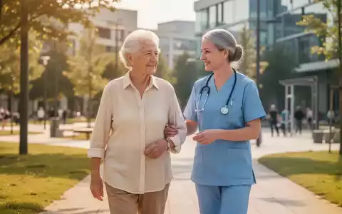 Eine ältere Person und eine Begleitperson beim gemeinsamen Spaziergang in einem sonnigen Park zur Förderung sozialer Teilhabe. - Foto: über boerse-global.de