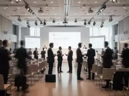 Moderne Konferenzumgebung mit unscharfen Silhouetten von Fachleuten bei einer Netzwerkveranstaltung. - Foto: über boerse-global.de