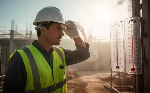 Ein Bauarbeiter wischt sich bei extremer Hitze auf einer Baustelle den Schweiß von der Stirn. - Foto: über boerse-global.de