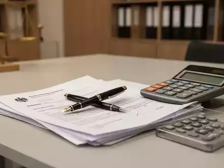 Ein Schreibtisch mit offiziellen Dokumenten, einem Füllfederhalter und einem Taschenrechner als Symbol für Rentenrecht. - Foto: über boerse-global.de