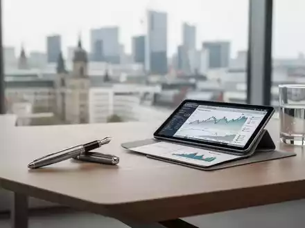 Ein moderner, heller Schreibtisch in einem Büro mit Wirtschaftsdaten auf einem Tablet vor einem verschwommenen Stadtbild. - Foto: über boerse-global.de