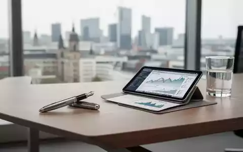 Ein moderner, heller Schreibtisch in einem Büro mit Wirtschaftsdaten auf einem Tablet vor einem verschwommenen Stadtbild. - Foto: über boerse-global.de