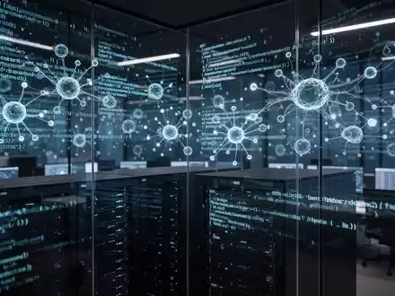 Digitale Visualisierung von neuronalen Netzwerken und abstraktem Programmcode in einem modernen Sicherheits-Kontrollzentrum. - Foto: über boerse-global.de