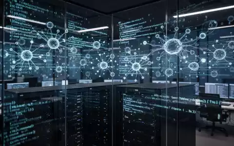 Digitale Visualisierung von neuronalen Netzwerken und abstraktem Programmcode in einem modernen Sicherheits-Kontrollzentrum. - Foto: über boerse-global.de
