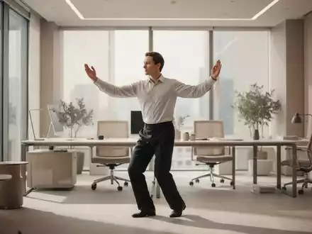Eine Person führt im hellen modernen Büro achtsame Bewegungen aus, um Stress abzubauen. - Foto: über boerse-global.de