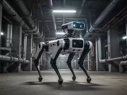 Ein vierbeiniger Industrieroboter erkundet eine komplexe, industrielle Anlage mit Rohrleitungen. - Foto: über boerse-global.de