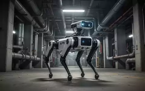 Ein vierbeiniger Industrieroboter erkundet eine komplexe, industrielle Anlage mit Rohrleitungen. - Foto: über boerse-global.de