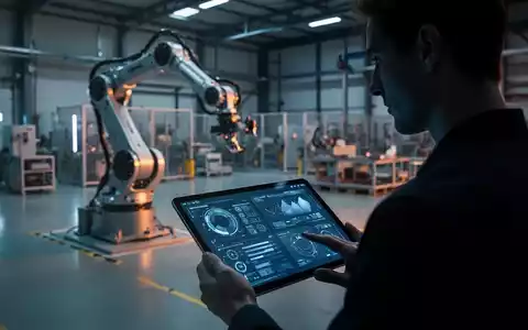 Ein Mensch betrachtet digitale Daten auf einem Tablet vor dem Hintergrund eines modernen Industrieroboters in einer Fabrikhalle. - Foto: über boerse-global.de