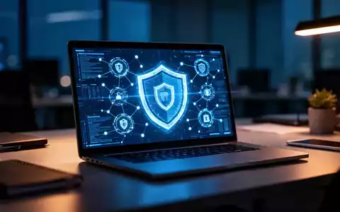 Ein Laptop-Bildschirm mit digitalen Sicherheitssymbolen in einem dunklen, professionellen Büro. - Foto: über boerse-global.de