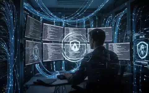 Dunkler Serverraum mit leuchtenden Datenkabeln und Bildschirmen, die komplexen Programmcode und Sicherheitshinweise anzeigen. - Foto: über boerse-global.de