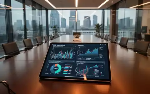 Digitale Datenvisualisierung von Risikokennzahlen auf einem Tablet in einem modernen Bürogebäude. - Foto: über boerse-global.de
