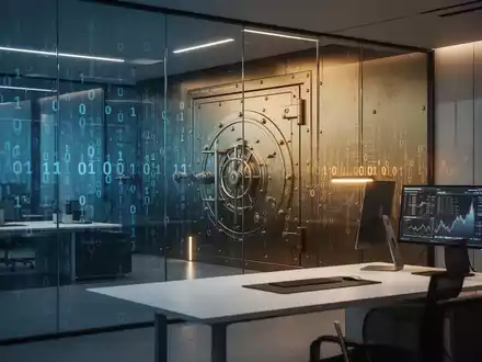 Abstrakte digitale Datenströme und ein Tresor-Symbol in einem modernen Büro, die die Hürden beim KI-Einsatz im Finanzsektor visualisieren. - Foto: über boerse-global.de