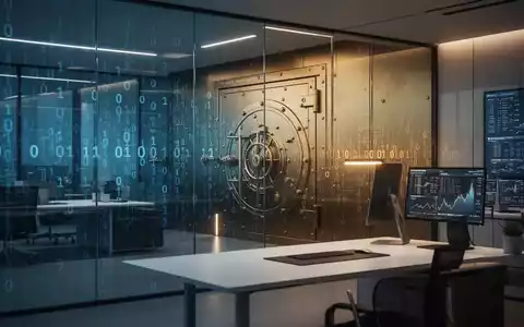 Abstrakte digitale Datenströme und ein Tresor-Symbol in einem modernen Büro, die die Hürden beim KI-Einsatz im Finanzsektor visualisieren. - Foto: über boerse-global.de