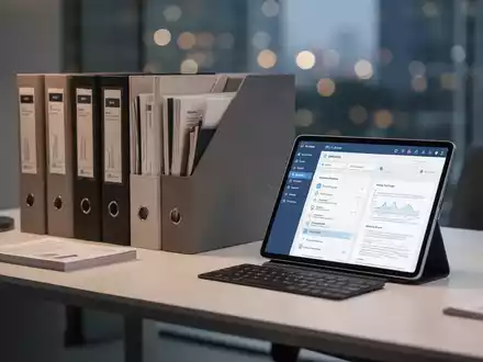 Ein aufgeräumter Schreibtisch mit physischen Aktenordnern und einem Tablet, das eine digitale Dokumentenverwaltung zeigt. - Foto: über boerse-global.de