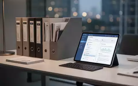 Ein aufgeräumter Schreibtisch mit physischen Aktenordnern und einem Tablet, das eine digitale Dokumentenverwaltung zeigt. - Foto: über boerse-global.de