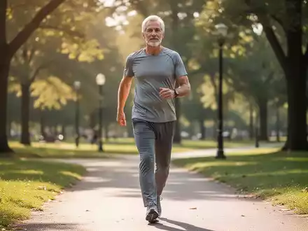 Eine Person mittleren Alters geht in sportlicher Kleidung in einem sonnigen Park spazieren, um körperliche Aktivität zu zeigen. - Foto: über boerse-global.de