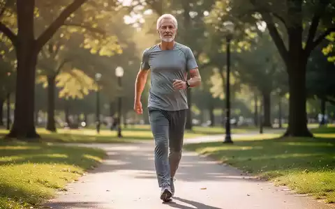 Eine Person mittleren Alters geht in sportlicher Kleidung in einem sonnigen Park spazieren, um körperliche Aktivität zu zeigen. - Foto: über boerse-global.de