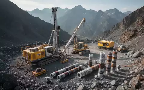 Geologische Vermessungsstelle in einer Berglandschaft mit Bohrkernen und technischer Ausrüstung für die Rohstoffsuche. - Foto: über boerse-global.de