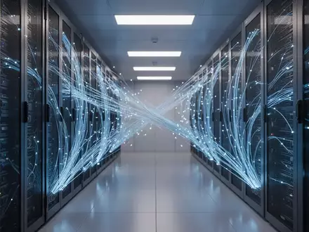 Moderner Serverraum mit leuchtend blauen Lichtern, die fortschrittliche KI-Infrastruktur darstellen. - Foto: über boerse-global.de