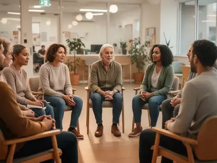 Eine diverse Gruppe von Menschen bei einem unterstützenden Gruppengespräch in einem hellen, modernen Raum. - Foto: über boerse-global.de