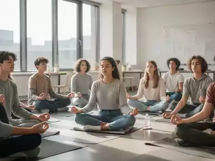 Eine Gruppe Jugendlicher bei einem Achtsamkeitstraining in einem modernen Seminarraum. - Foto: über boerse-global.de