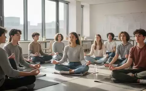 Eine Gruppe Jugendlicher bei einem Achtsamkeitstraining in einem modernen Seminarraum. - Foto: über boerse-global.de