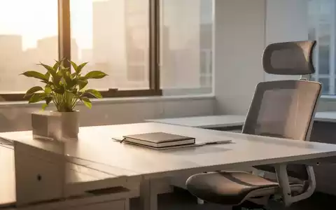 Ein minimalistischer, aufgeräumter Schreibtisch in einem hellen Büro mit einer Pflanze und weichem Tageslicht. - Foto: über boerse-global.de
