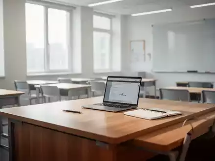 Ein leerer Schreibtisch in einem modernen Klassenzimmer mit Laptop und Notizbuch, symbolisch für die Arbeitswelt von Lehrkräften. - Foto: über boerse-global.de
