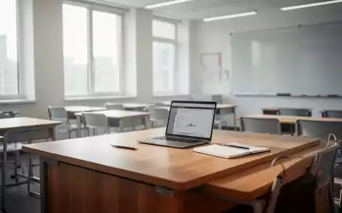 Ein leerer Schreibtisch in einem modernen Klassenzimmer mit Laptop und Notizbuch, symbolisch fĂŒr die Arbeitswelt von LehrkrĂ€ften. - Foto: ĂŒber boerse-global.de
