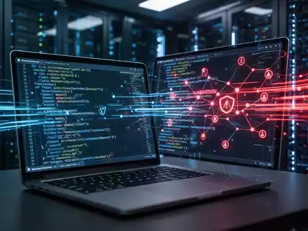 Codezeilen auf einem Laptop-Bildschirm vor einem verschwommenen Serverraum, symbolisch für eine Malware-Infektion. - Foto: über boerse-global.de