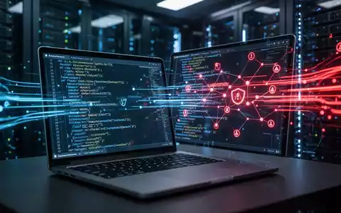Codezeilen auf einem Laptop-Bildschirm vor einem verschwommenen Serverraum, symbolisch für eine Malware-Infektion. - Foto: über boerse-global.de