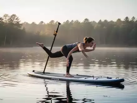 Person beim Yoga auf einem Stand-Up-Paddleboard auf einem ruhigen See zur Förderung der Rumpfstabilität. - Foto: über boerse-global.de